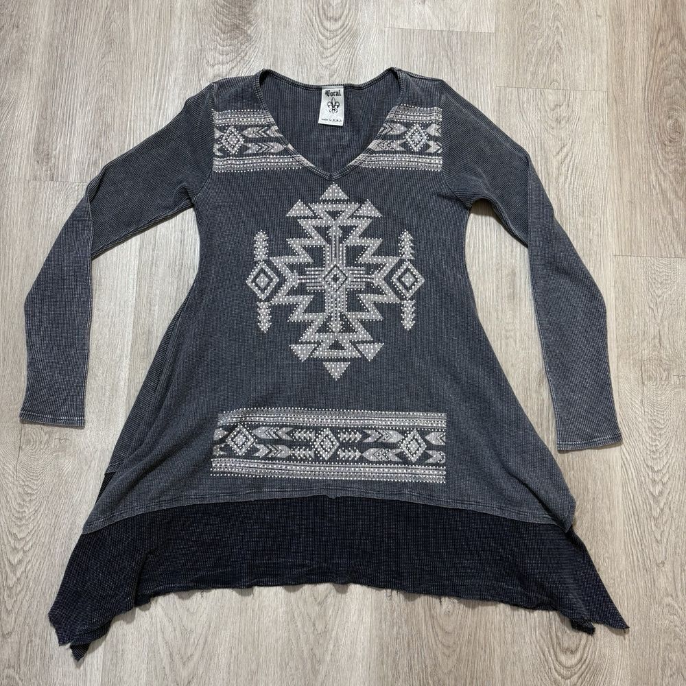 Vintage Vocal Rhinestones Charcoal Colored Long Sleeve Shirt Tribal‎ Aztec S